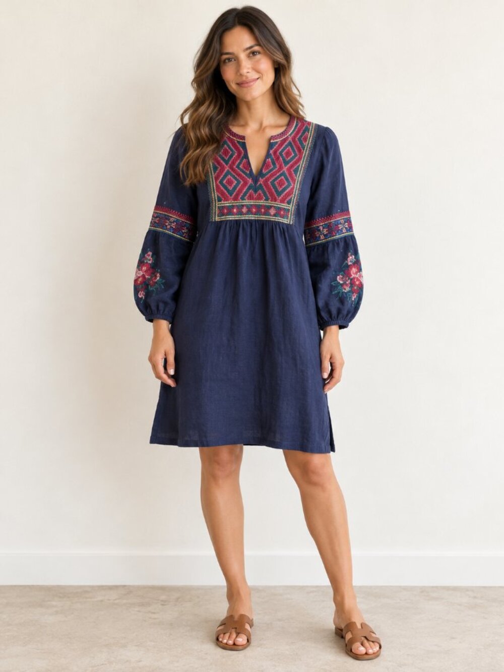 Johnny Was Annaliese Navy Linen Embroidered Bishop Sleeve Dress S